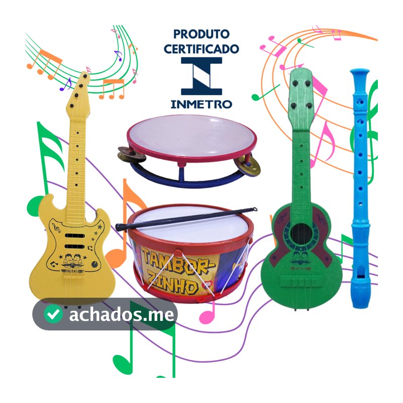 Kit Musical Brinquedos Educativo C/5 Instrumentos Tambor Violão Pandeiro Flauta Infantil