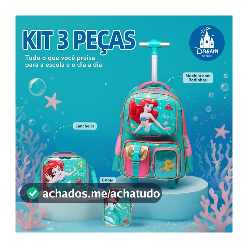 Kit Mochila Rodinha Sereia Ariel Disney Escolar Lancheira Estojo