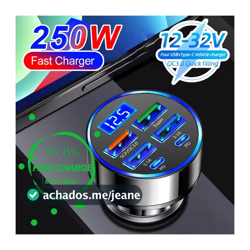 Carregador De Carro USB PD QC3.0 Carregamento Rápido Com Display Digital Isqueiro 6 Portas