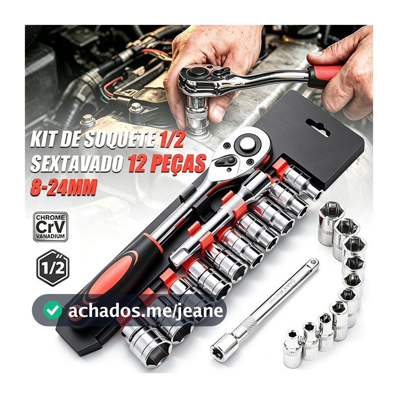 Jogo com 12 soquetes sextavados 8 a 24mm 1/2", catraca reversível em aço CRV, para mecânica automotiva