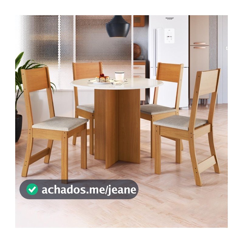 Conjunto Sala de Jantar Mesa Fidelitá Espanha 90cm Com 4 Cadeiras Freijó/Off-White Assento Linho