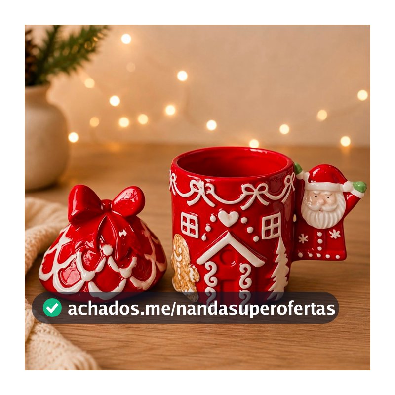 Caneca Com Tampa Papai Noel e Biscoito De Natal Gingerbread Caneca Decorativa De Porcelana