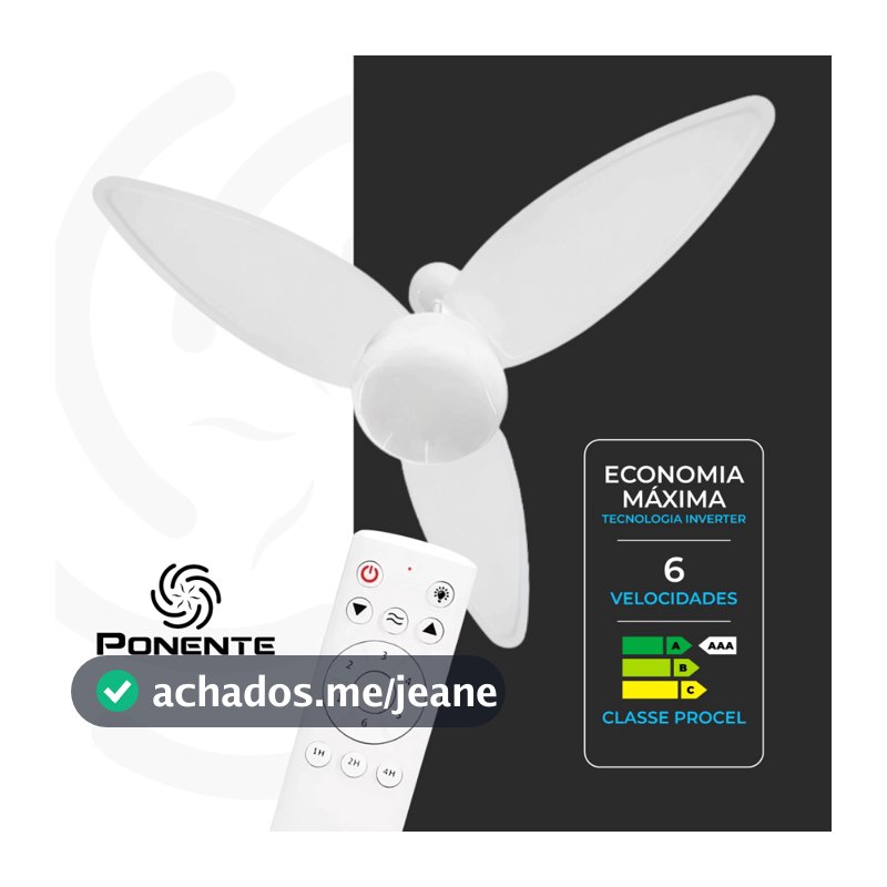 Ventilador de Teto Ponente Zonda Inverter Bivolt Controle Remoto Motor Inverter 6 Velocidades Classe A Baixo Consumo