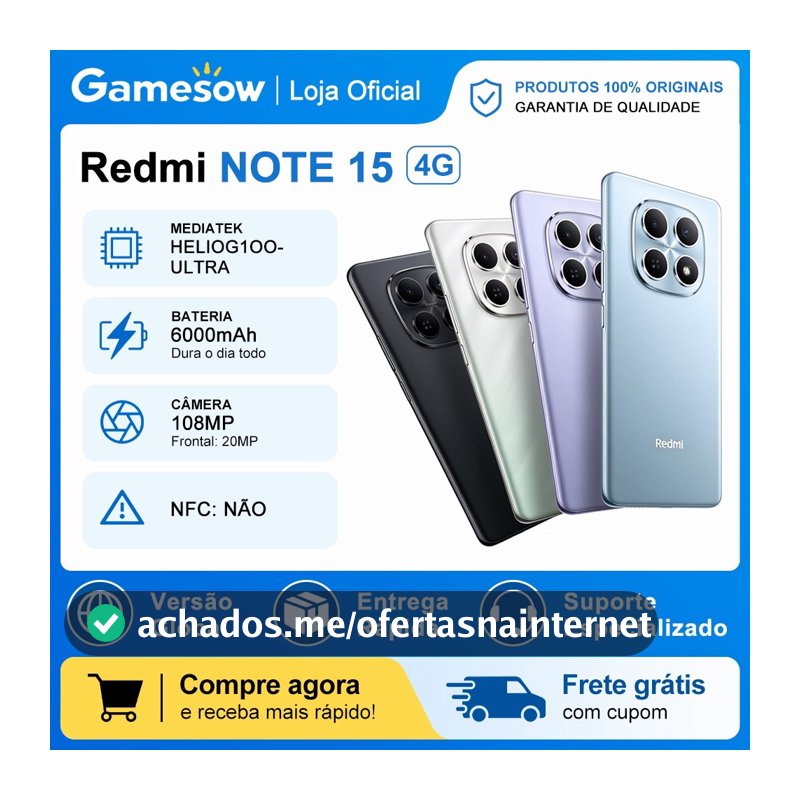 Xiaomi Redmi Note 15 4G, Processador Mediatek Hélio G100-Ultra, Bateria 6000mAh, 128/6GB RAM- 256/8GB RAM