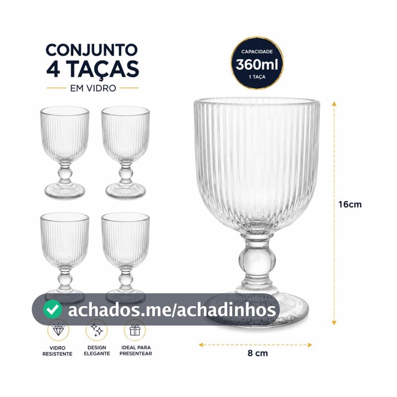 Conjunto com 4 Taças de Vidro 360ml – Elegância para compartilhar bons momentos