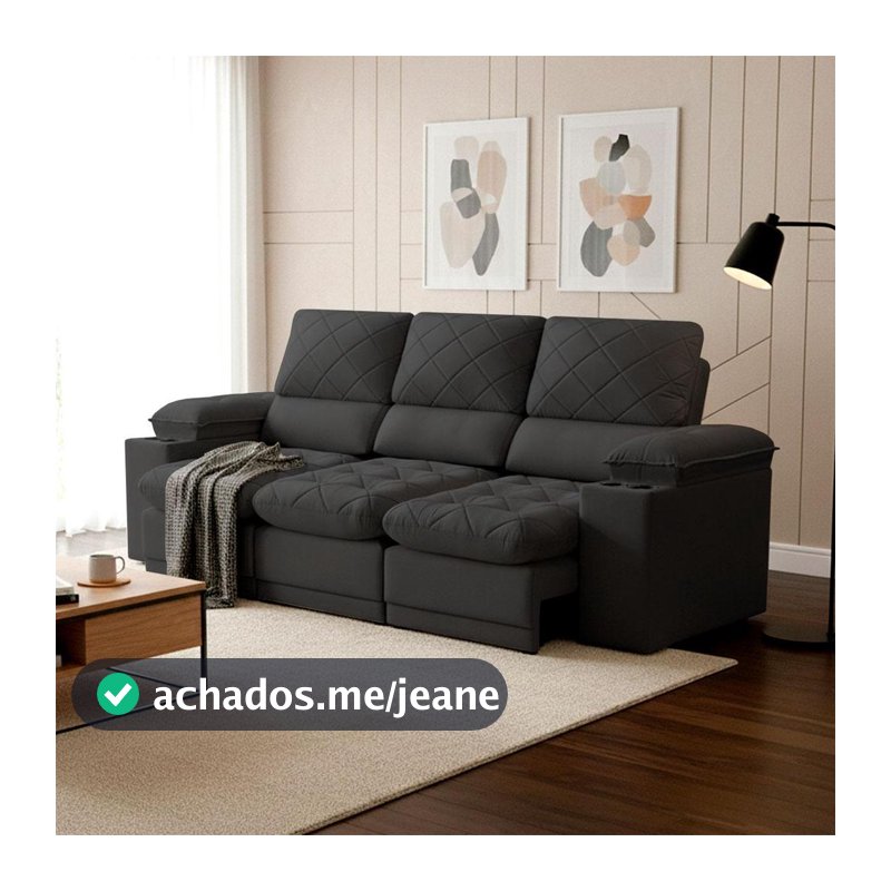 Sofá Veneza 2,40m Retrátil Reclinável Preto USB e Porta Copos - King House