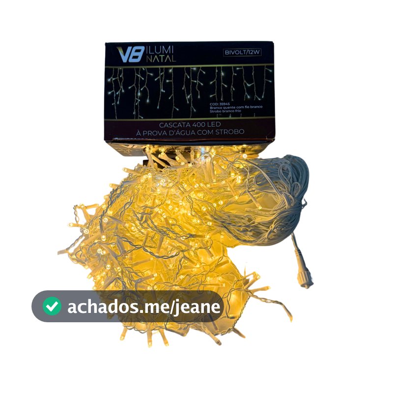 Cascata 400 Leds com Strobo 10 metros Branco Quente com Fio Branco Pisca Pisca de Natal
