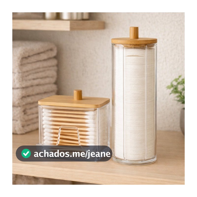 Organizador Disco Algodão E Porta Cotonetes Acrílico Tampa Bambu Kit Com 1/2 e 3