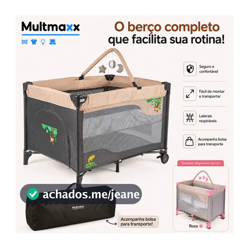 Berço Portátil Infantil 2 Alturas Demontavel Cercadinho Com Rodinhas e Mobile Cercado Bercinho