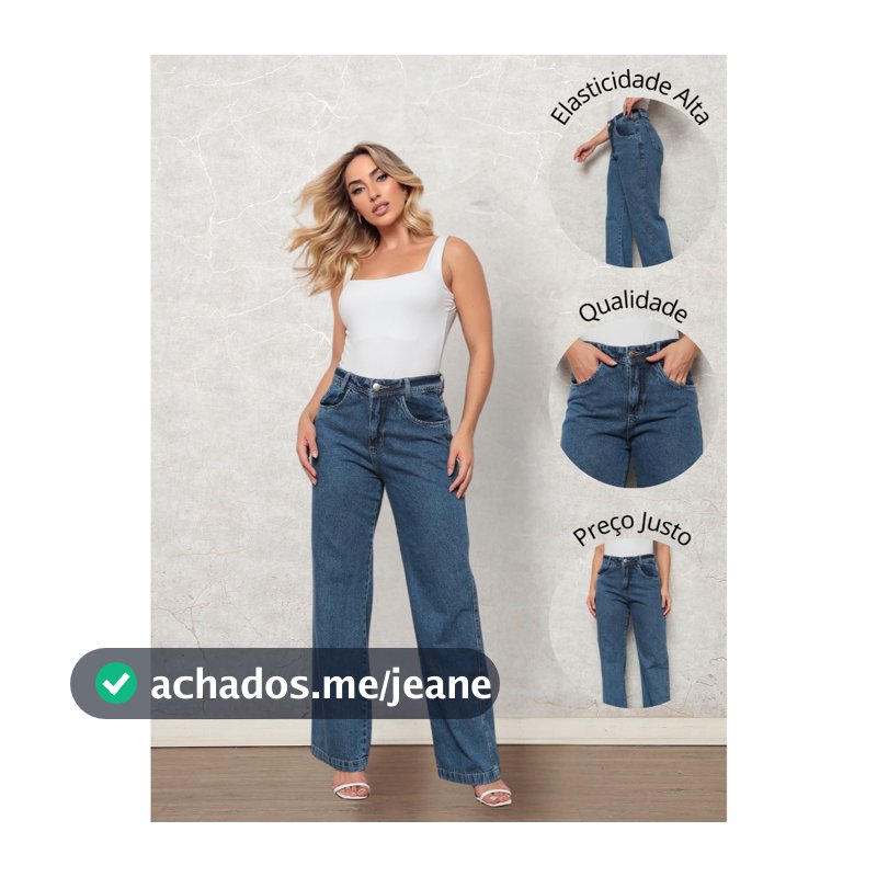 Calça Jeans Wide Leg Marmorizada Cintura Alta 100% Jeans