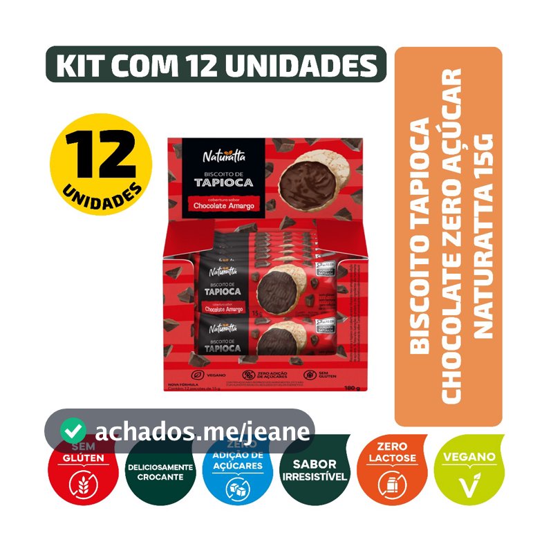 Biscoito Tapioca Chocolate Zero Açúcar Vegano Naturatta 15G - Kit 12 Unidades
