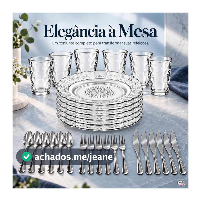 Aparelho de Jantar Completo 30 Peças com Pratos, Copos e Talheres para 6 Pessoas