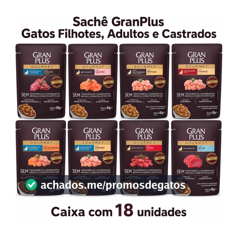 Ração Úmida Gatos Castrados Salmão Frango GranPlus 18 Sachês