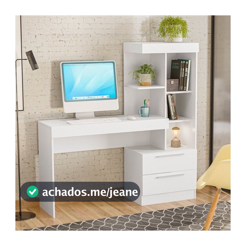 Escrivaninha Mesa Escritório com Estante Office Nt 2010 2 Gavetas 131,5cm Branco New e Rosa Branco New/Rosa