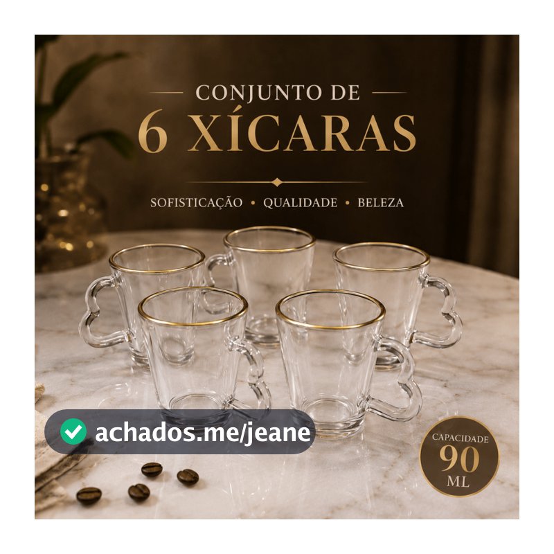 Conjunto 6 Xícaras de Vidro 90ml com Borda Dourada e Alça de Coração Café