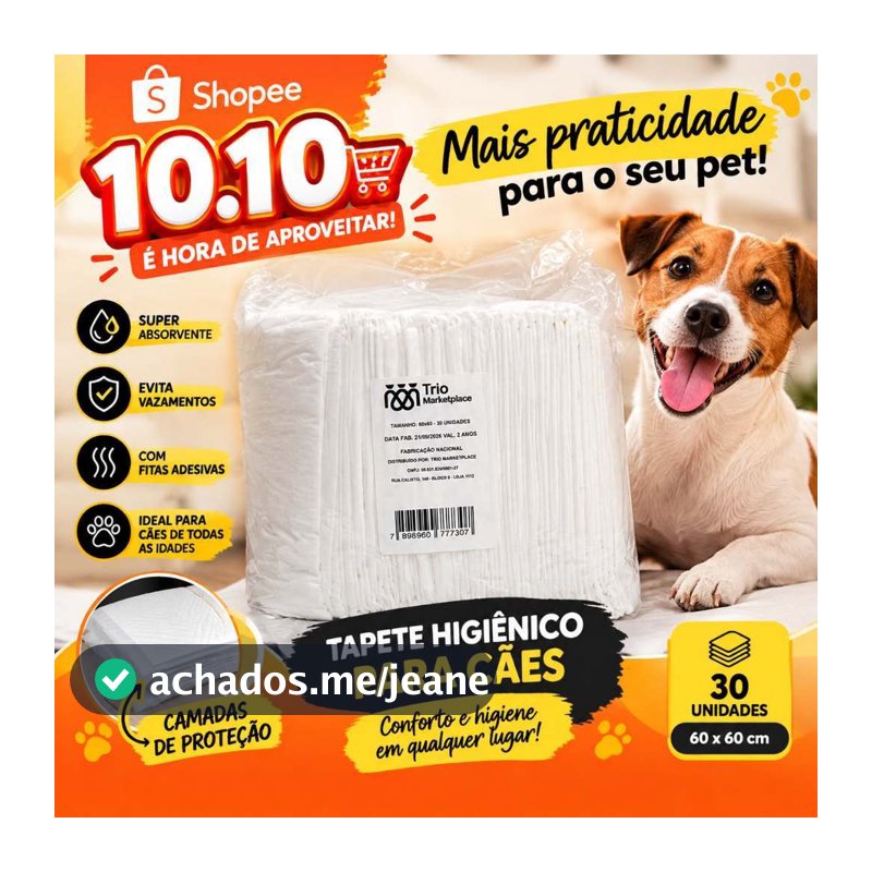 Tapete Higiênico Pet 60x60 - 30 Unidades SEM ADESIVO | Tapete para Cachorro Absorvente Sanitário fralda banheiro