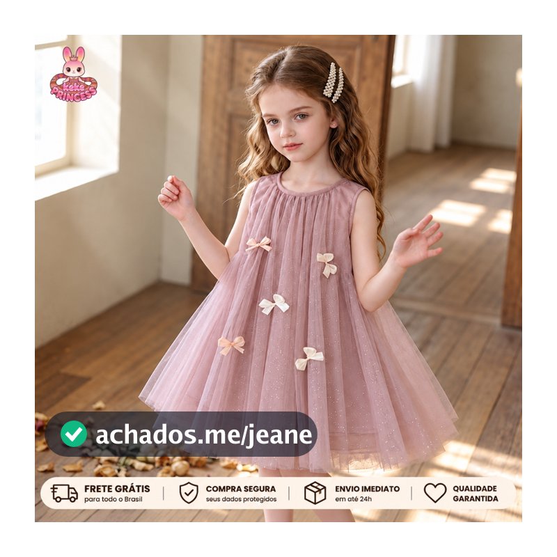 Vestido Infantil Feminina Tule Brilho Laço Sem Manga Rosa 1-10 Anos