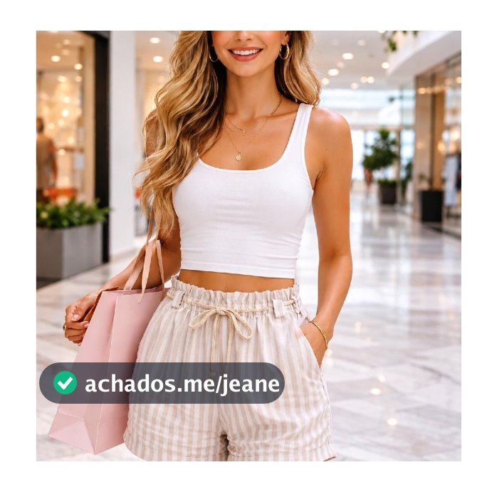 Short Feminino em Linho Listrado Premium Cintura Alta com Elástico e Cordão Confortável Tamanhos P ao GG