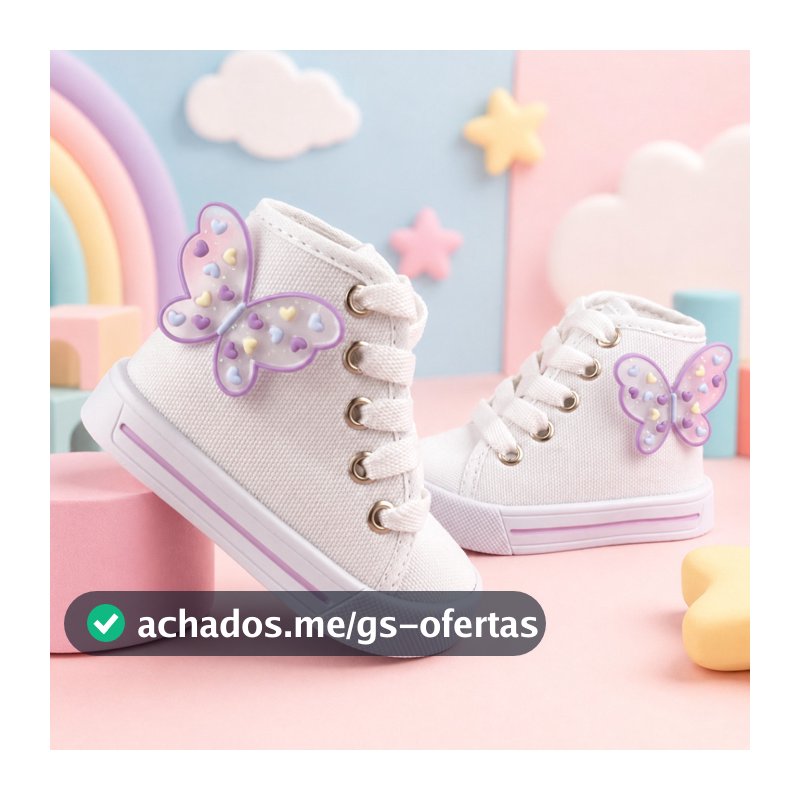 Tênis Infantil de Menina Cano Alto Borboleta delicada Cadarço Ajustável Cano Alto 16 a 27 Primeiros Passos