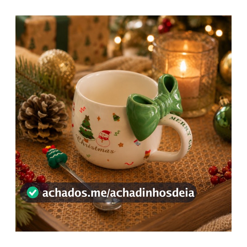 Caneca, xícara de Natal, cerâmica, estampada e laço em relevo verde, 400ml, com colher, encantadora e elegante.