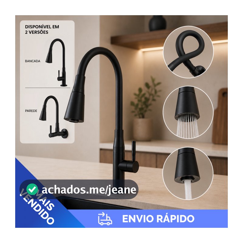 Torneira Cozinha Gourmet Preta Flexivel 2 Jatos 1/4 de volta para mesa pia bancada e mármore