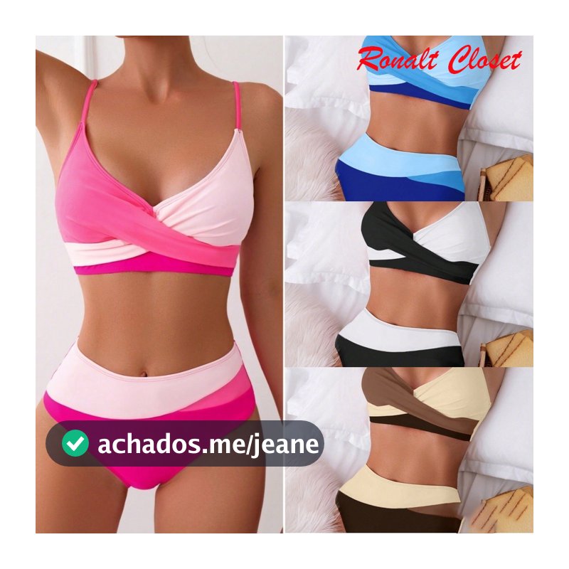 Conjunto de Bikini de cintura alta cruzado com bloco de cores para praia de verão