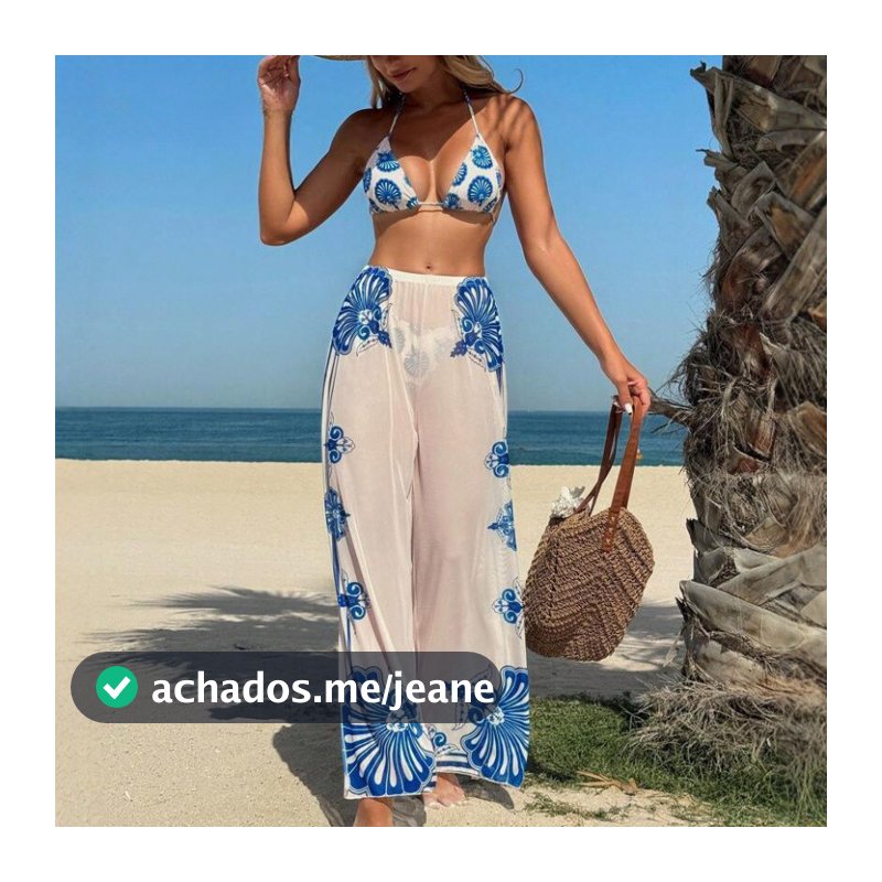 Biquíni estampado, conjunto de três peças com top halter de amarrar, calcinha de biquíni, biquíni feminino. ULMD