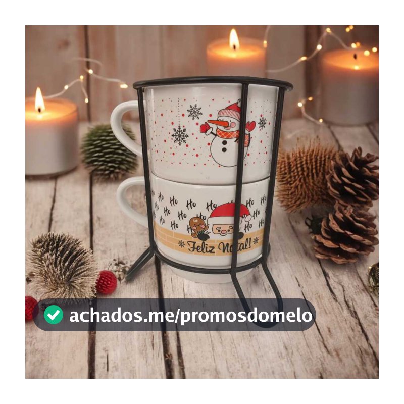 Kit 2 Xicaras Porcelana Chá Café Natal + Suporte Metal