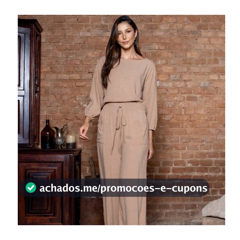 Conjunto em Linho Misto: Pantalona e Blusa Decote Canoa, Manga 3/4