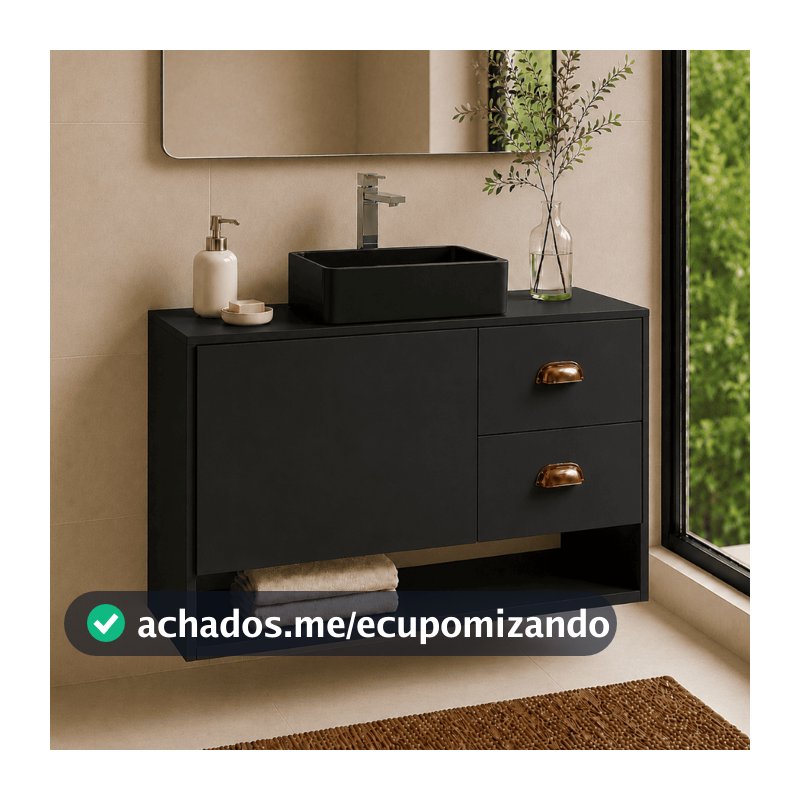 Gabinete Siena com Cuba Suspenso Preto Armário Banheiro 2 Gavetas 1 Porta Puxador Concha