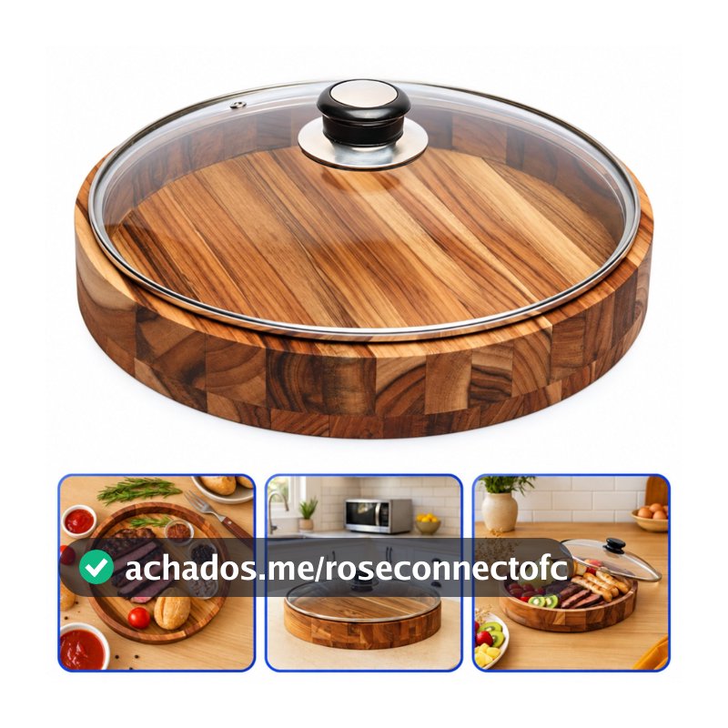 Gamela em Madeira para Churrasco, Porções e Mesa Posta com Tampa de Vidro 30,5cm