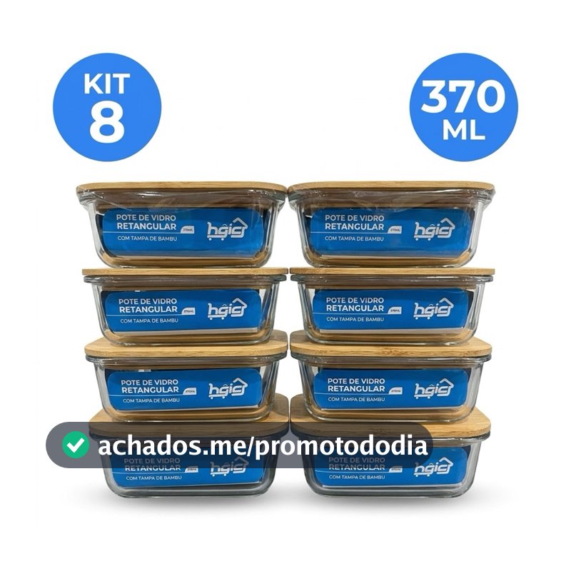 Kit 8 Potes de Vidro Herméticos 370ml Tampa de Bambu Retangular Marmita Forno Micro-ondas Freezer