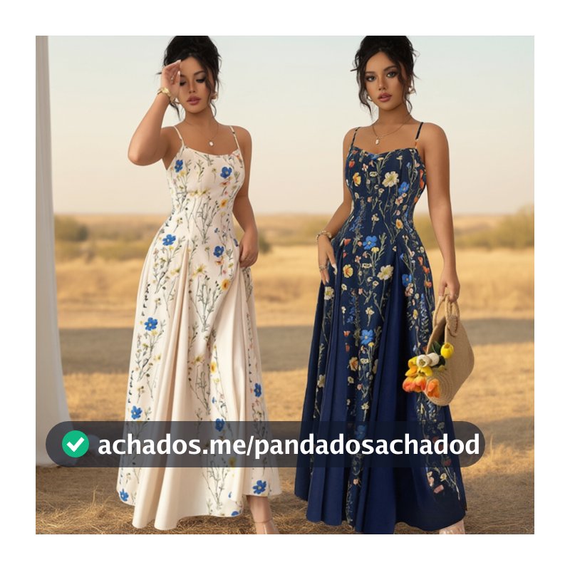Novo Vestido Longo Elegante de Alças Finas Estampa Floral Fluida para Festas e Encontros Românticos