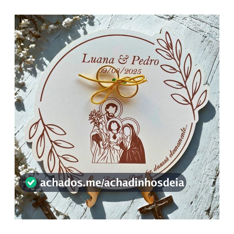 PORTA ALIANÇA PARA CASAMENTO SAGRADA FAMILIA PERSONALIZADA COM SUPORTE