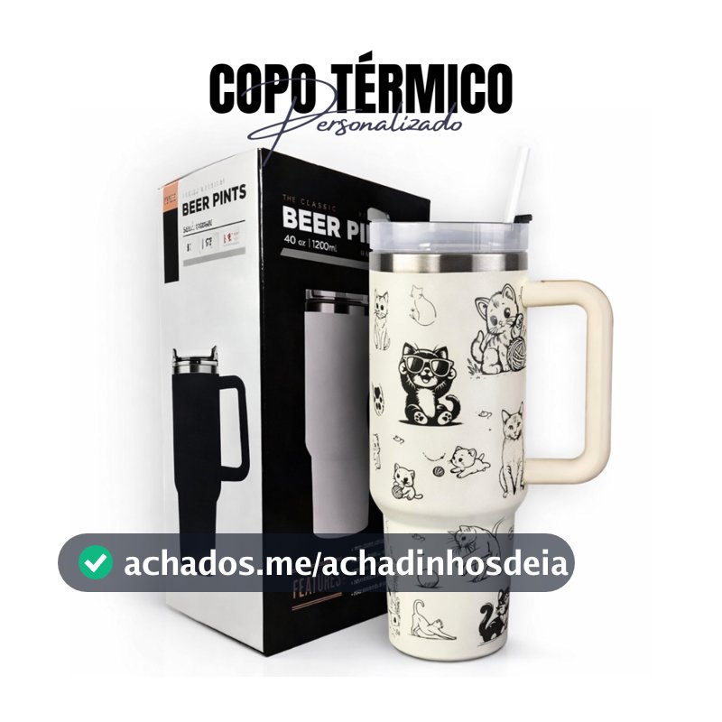 Copo Térmico 1200ml Off White Personalizado Gatos Gatinhos Gravação Laser 360 Graus
