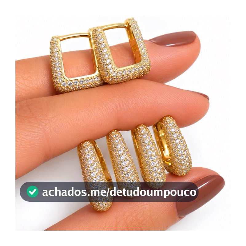 Trio Brincos Argola Triângulo Cravejado Zircônia Banhado a Ouro 18k