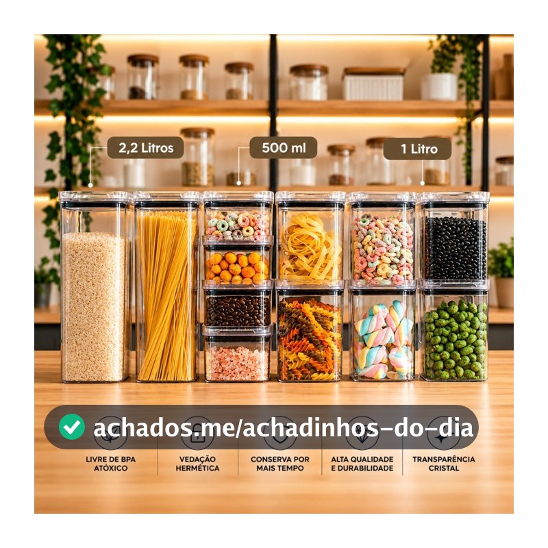 Escolha Seu Kit Potes Herméticos para Mantimentos de Cozinha Alimentos Armário Acrílico Plástico
