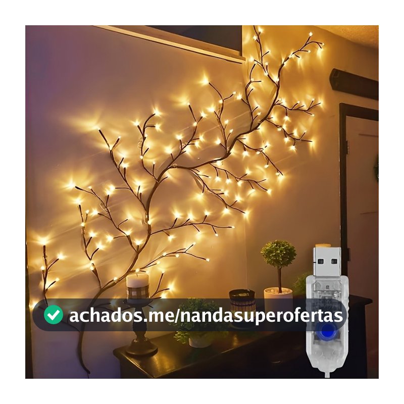 Luz de Vinha Galhos de Arvore USB 8 Modos Branco Quente 48 72 96 144 LED Decoracao