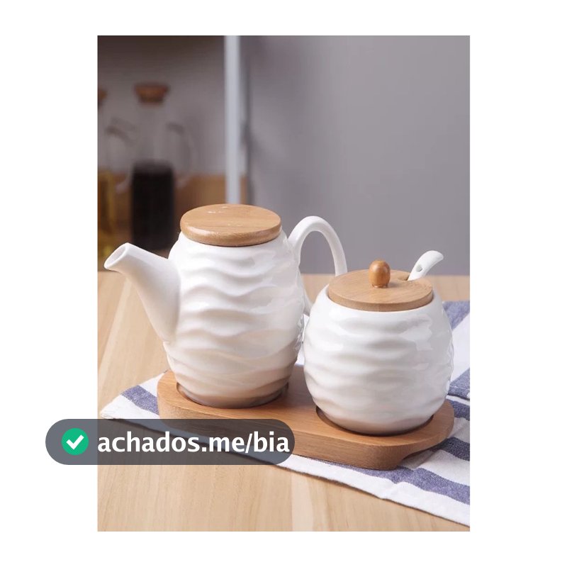 Kit Com 2 Peças Porta Mantimento em Cerâmica com Bandeja Colher de Bambu