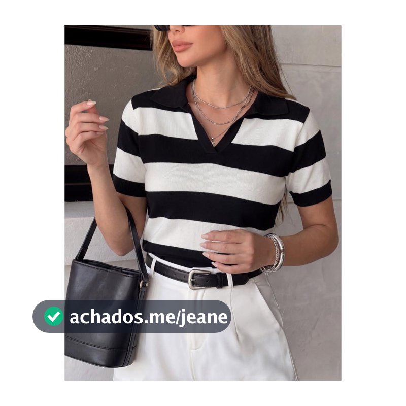 Blusa Tricot Feminina Listrada Gola Polo Manga Curta Moda Casual Moderna