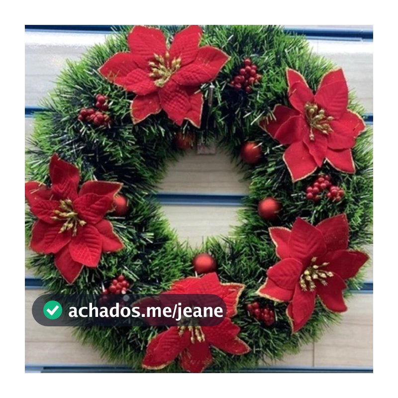 Guirlanda Natalina 38Cm De Natal Decorativa Para Porta Com Flores Vermelhas Douradas Decoração