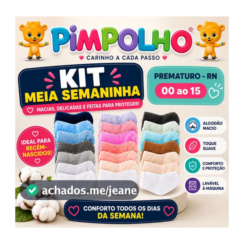 Kit Meia Bebê Semaninha 7 Pares RN Prematuro 00 a 15 Enxoval PIMPOLHO