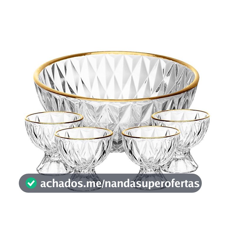Conjunto 1 Bowl 1L e 4 Taças 120ml Diamond Lyor Cristal com Fio de Ouro para Sobremesas Doces Frutas Mousse Pavê 5 Peças