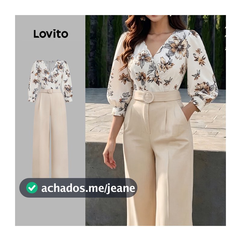 Lovito Macacão Elegante com Cinto e Bolso Linha Estrutural Primavera/verão Cáqui para mulheres LBL36150