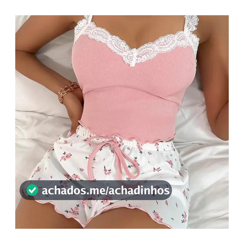 Conjunto De Pijama Feminino Renda Retalhos Com Decote Em V Pijamas Sexy Camisola Terno Cami Topo Impresso Shorts Macios
