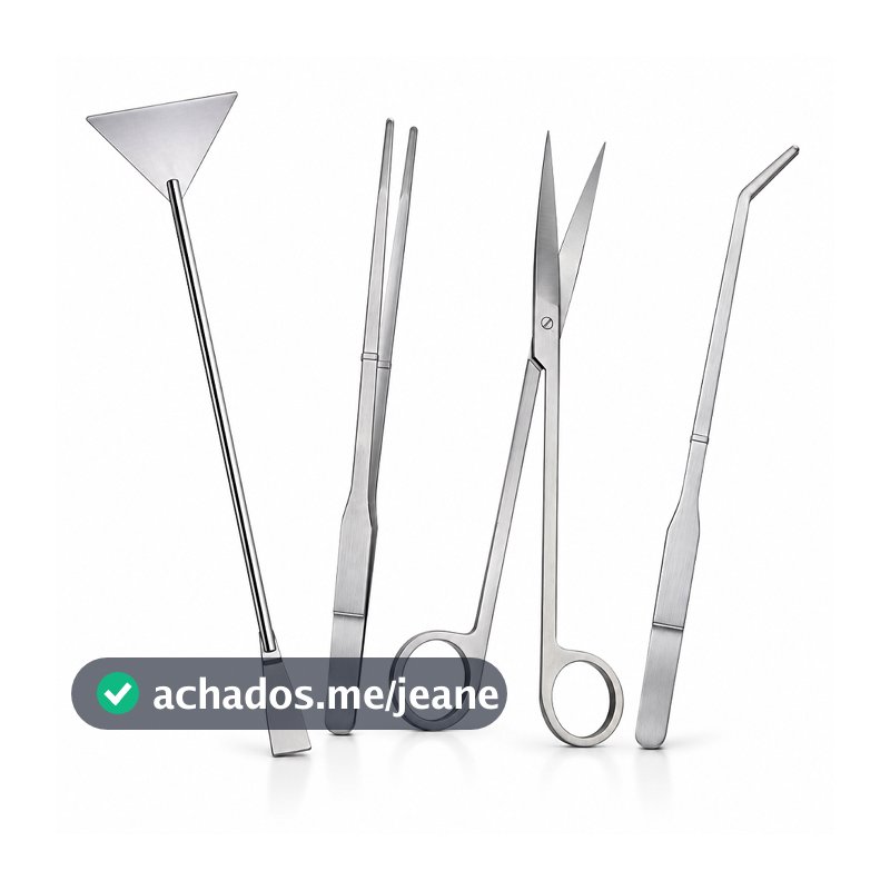 Kit Aquascaping 4 Peças em Aço Inoxidável para Aquário – Tesoura, Pinças Reta e Curva e Espátula