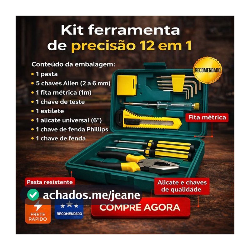Kit de Ferramentas 12 Peças com Maleta Portátil Jogo Completo p/ Manutenção Residencial e Automotiva