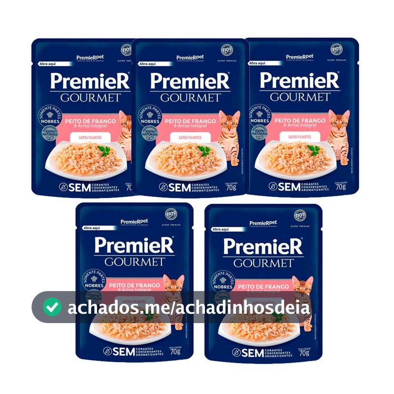 Kit com 5 Rações Úmidas Premier Gourmet Gatos Filhotes Peito de Frango/Arroz 70g