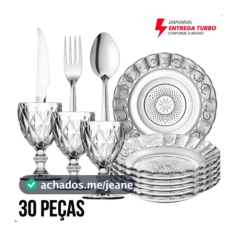 Aparelho de Jantar 30 Peças - 6 Pratos  + 6 Taças 340ml + 18 Talheres Inox