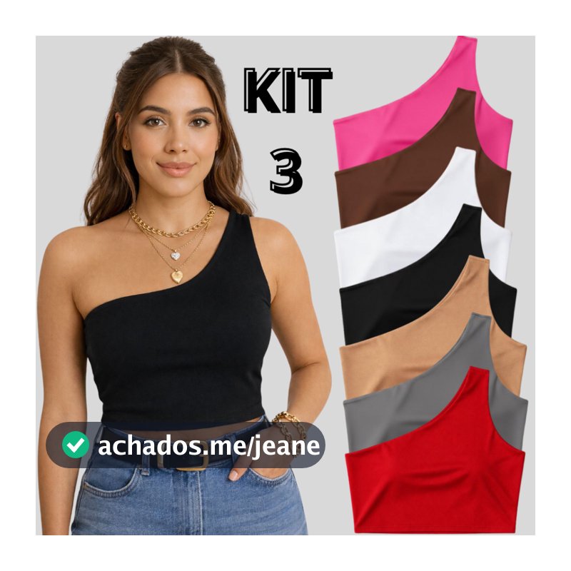 Kit 3 Croppeds nula manga forrado Um Ombro Só colorida Malha Suplex carnaval